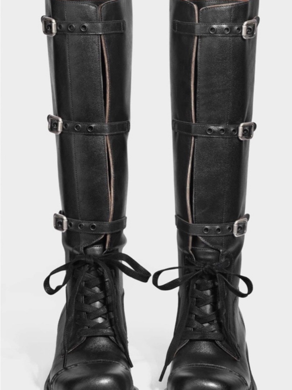 Black Leather Knee-High Lace-Up Boots with Buckle Straps